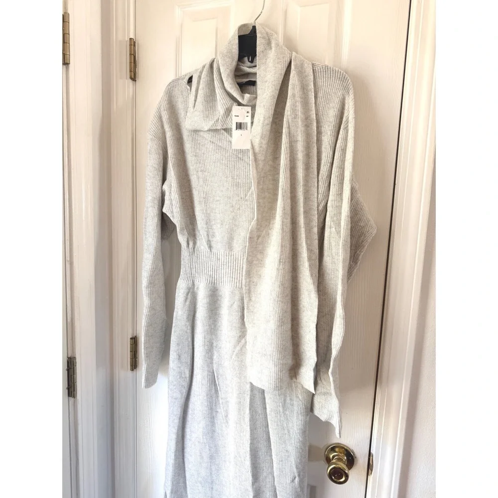 TOCCIN Liliana Sweater Dress Soft Gray Wool Cashmere Scarf Neck Midi Dress L - Picture 7 of 10